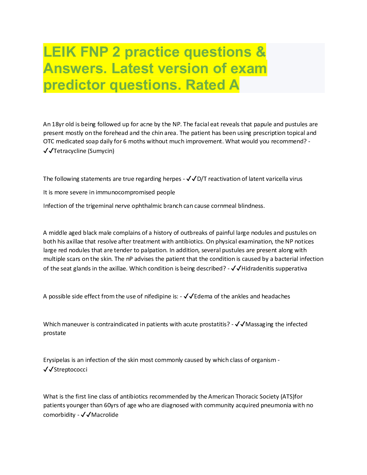 Preview image for LEIK FNP 2 practice questions &  Answers. Latest version of exam  predictor questions. Rated A